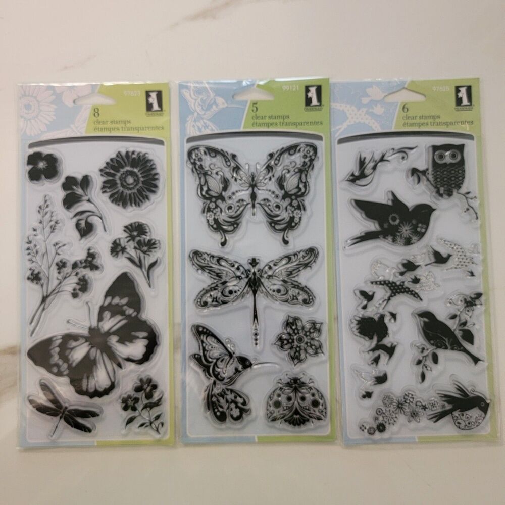 Inkadinkado Clear Stamps Birds, Butterflies & Flowers LOT of 3 Sets - 19 Stamps